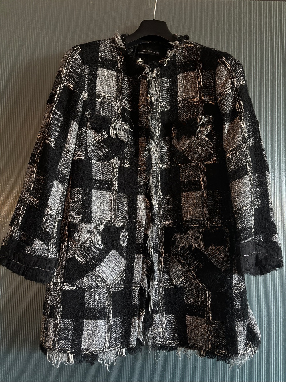 Zara Bouclé Tweed Jacket Black White Plaid Fringe Trim Size M
